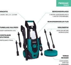 VONROC Hogedrukreiniger V14-2 - 1400W – 110 Bar – 390 L/h – Incl. 5m Slang, Reinigingsmiddelen Flesje, Terrasreiniger En Meer -Tuingereedschap 1200x1110