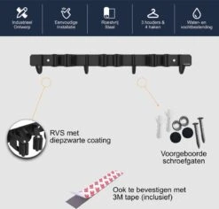 Volcan Bezemhouder - Bezem Ophangsysteem Tuingereedschap - Gereedschapshouder - Zelfklevend - 3M Tape - 3 Houders 4 Haken - RVS Zwart -Tuingereedschap 1200x1148 3